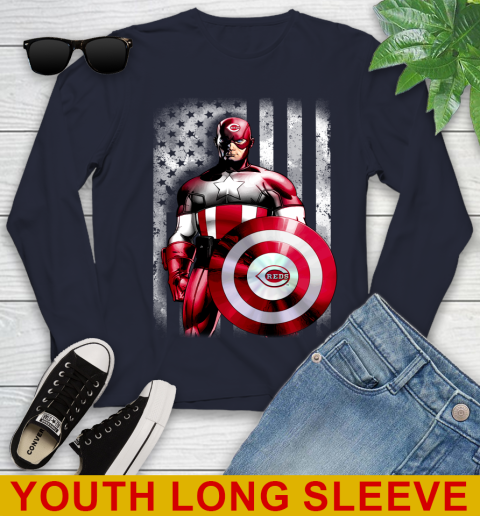 Cincinnati Reds MLB Baseball Captain America Marvel Avengers American Flag Shirt Youth Long Sleeve 2