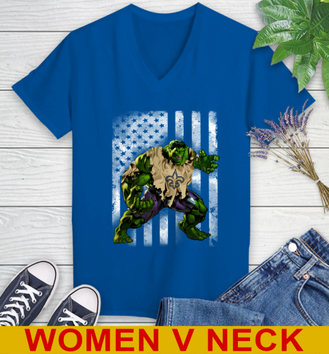 New Orleans Saints Hulk Marvel Avengers NFL Football American Flag Women's V-Neck T-Shirt 9