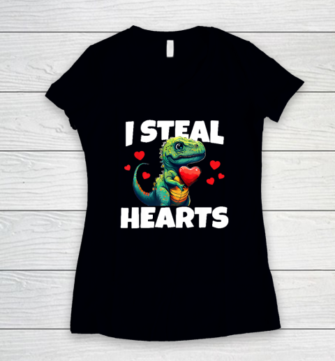 Steal Hearts Trex Dino Valentines Day Women's V-Neck T-Shirt