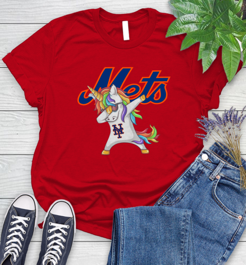New York Mets MLB Baseball Funny Unicorn Dabbing Sports Women's T-Shirt 9