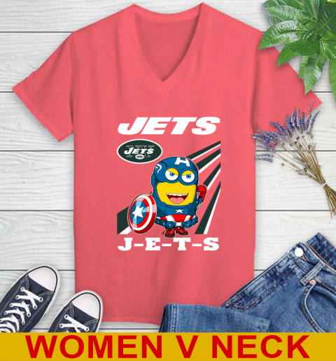 NFL Football New York Jets Captain America Marvel Avengers Minion Shirt Women's V-Neck T-Shirt 6
