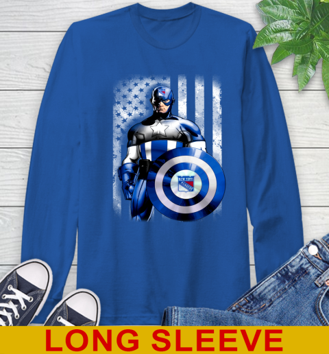 New York Rangers NHL Hockey Captain America Marvel Avengers American Flag Shirt Long Sleeve T-Shirt 11
