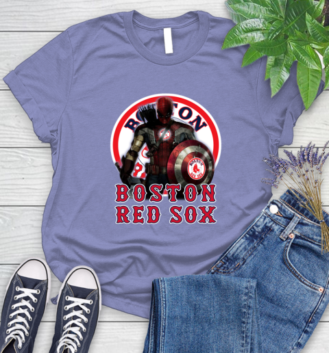 MLB Captain America Thor Spider Man Hawkeye Avengers Endgame Baseball Boston Red Sox Women's T-Shirt 11