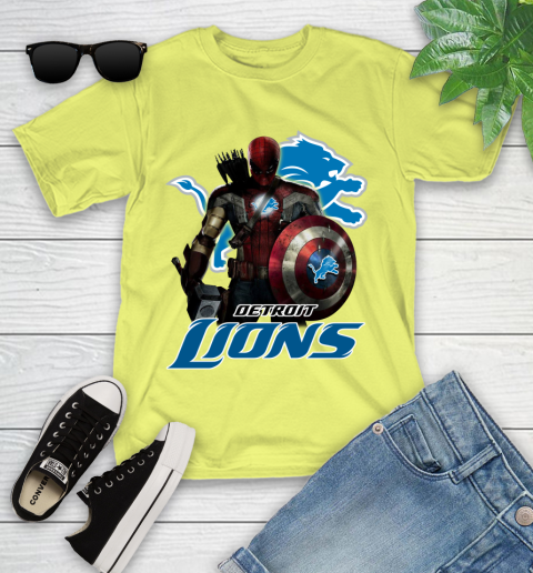 NFL Captain America Thor Spider Man Hawkeye Avengers Endgame Football Detroit Lions Youth T-Shirt 8