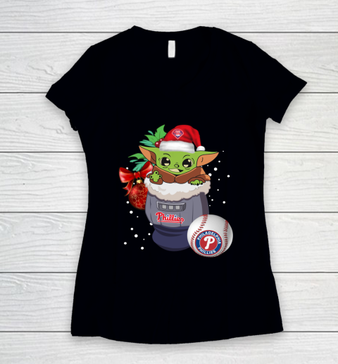 Philadelphia Phillies Christmas Baby Yoda Star Wars Funny Happy MLB Women's V-Neck T-Shirt