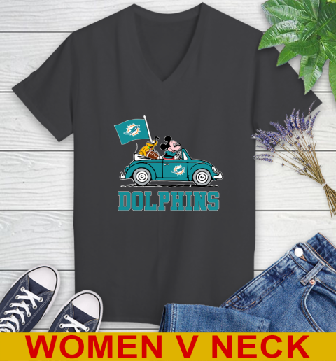 NFL Football Miami Dolphins Pluto Mickey Driving Disney Shirt Women's V-Neck T-Shirt 9