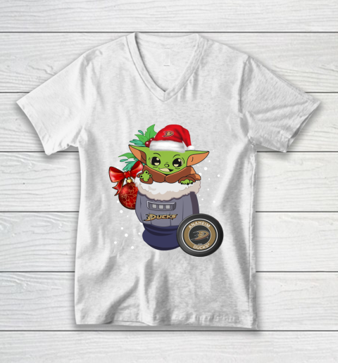 Anaheim Ducks Christmas Baby Yoda Star Wars Funny Happy NHL V-Neck T-Shirt 2