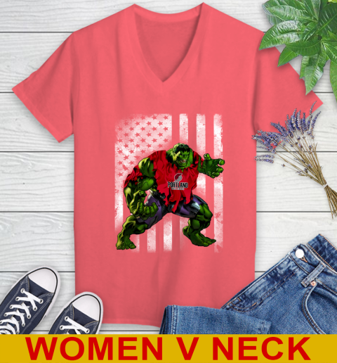Portland Trail Blazers Hulk Marvel Avengers NBA Basketball American Flag Women's V-Neck T-Shirt 6