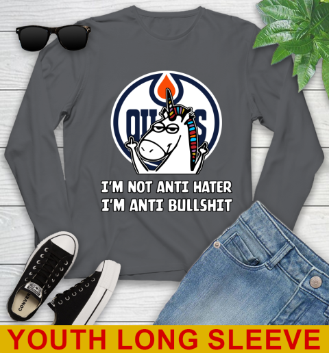 Edmonton Oilers NHL Hockey Unicorn I'm Not Anti Hater I'm Anti Bullshit Youth Long Sleeve 9