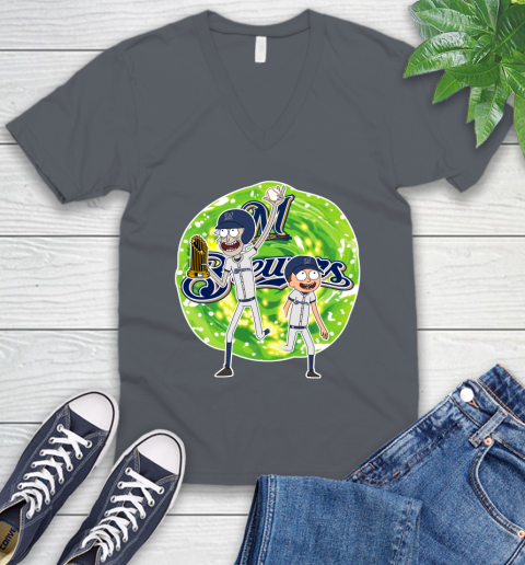 MLB Milwaukee Brewers Rick And Morty Commissioner's Trophy Baseball Sports V-Neck T-Shirt 5