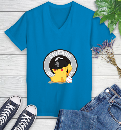 MLB Pikachu Baseball Sports Chicago White Sox Women's V-Neck T-Shirt 7