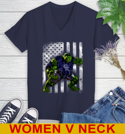 Colorado Rockies Hulk Marvel Avengers MLB Baseball American Flag Women's V-Neck T-Shirt 12