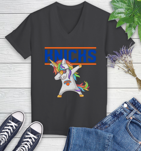 New York Knicks NBA Basketball Funny Unicorn Dabbing Sports Women's V-Neck T-Shirt 8