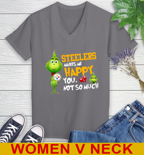 NFL Pittsburgh Steelers Makes Me Happy You Not So Much Grinch Football Sports Women's V-Neck T-Shirt 11
