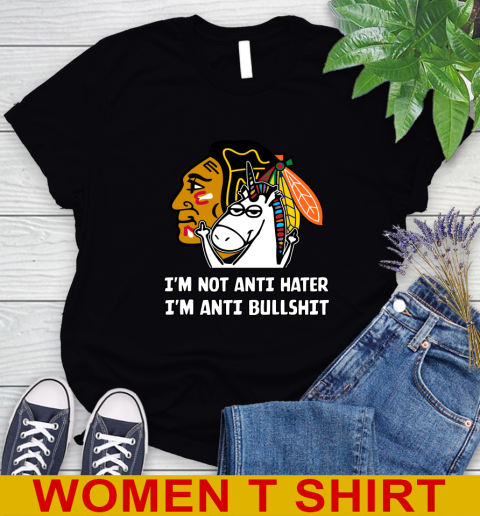Chicago Blackhawks NHL Hockey Unicorn I'm Not Anti Hater I'm Anti Bullshit Women's T-Shirt 2