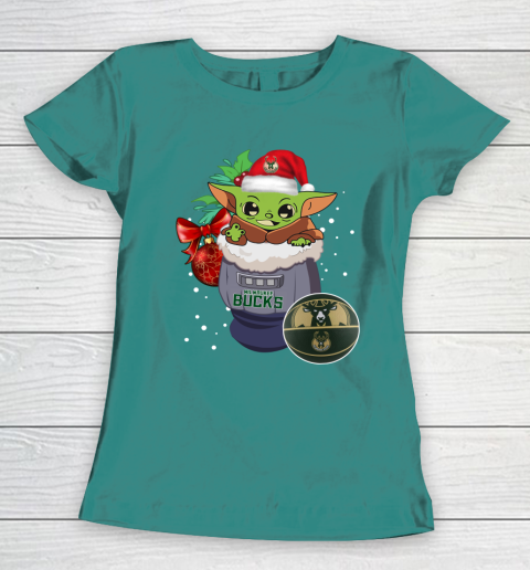 Milwaukee Bucks Christmas Baby Yoda Star Wars Funny Happy NBA Women's T-Shirt 12