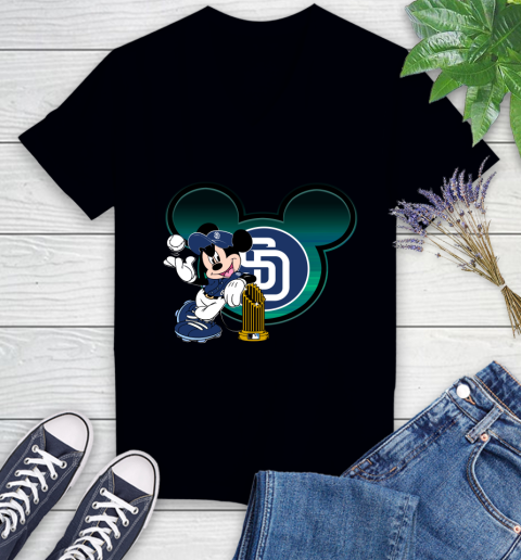 MLB San Diego Padres The Commissioner's Trophy Mickey Mouse Disney Women's V-Neck T-Shirt 2