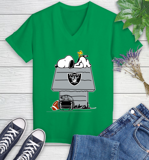 Oakland Raiders NFL Football Snoopy Woodstock The Peanuts Movie Women's V-Neck T-Shirt 5