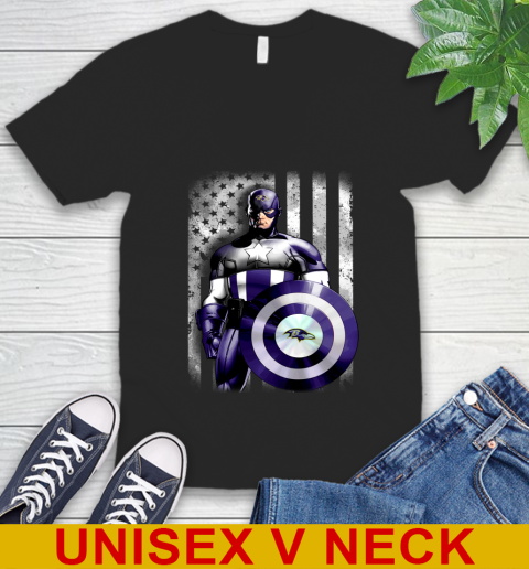 Baltimore Ravens NFL Football Captain America Marvel Avengers American Flag Shirt V-Neck T-Shirt