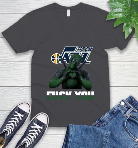 NBA Utah Jazz Deadpool Love You Fuck You Basketball Sports V-Neck T-Shirt 4