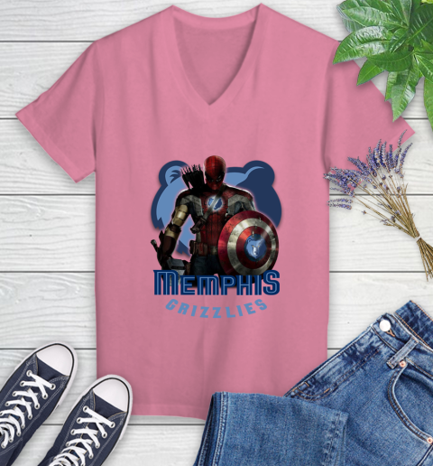 Memphis Grizzlies NBA Basketball Captain America Thor Spider Man Hawkeye Avengers Women's V-Neck T-Shirt 13