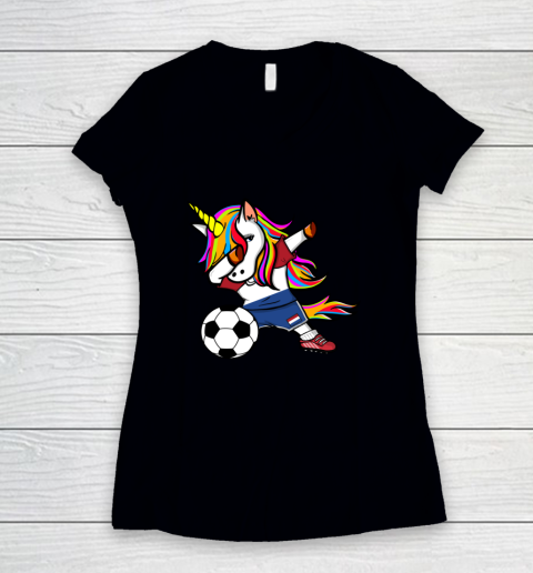 Dabbing Unicorn Netherlands Football Dutch Flag Soccer Women's V-Neck T-Shirt