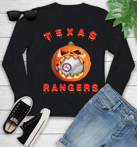 MLB Texas Rangers Halloween Pumpkin Baseball Sports Youth Long Sleeve 2