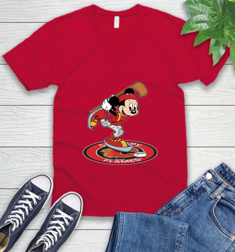 NHL Hockey Calgary Flames Cheerful Mickey Disney Shirt V-Neck T-Shirt 7