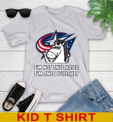 Columbus Blue Jackets NHL Hockey Unicorn I'm Not Anti Hater I'm Anti Bullshit Youth T-Shirt 5
