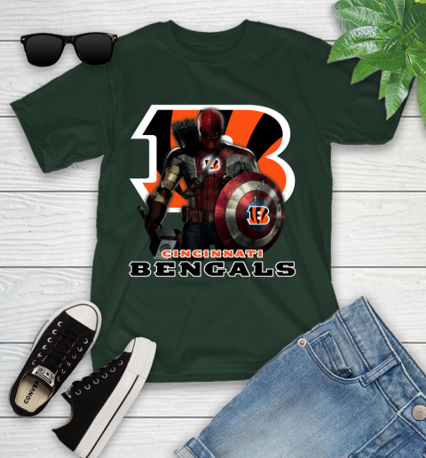 NFL Captain America Thor Spider Man Hawkeye Avengers Endgame Football Cincinnati Bengals Youth T-Shirt 5
