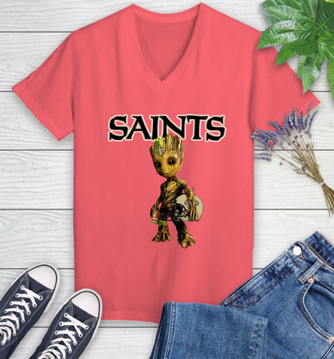 New Orleans Saints NFL Football Groot Marvel Guardians Of The Galaxy Women's V-Neck T-Shirt 6