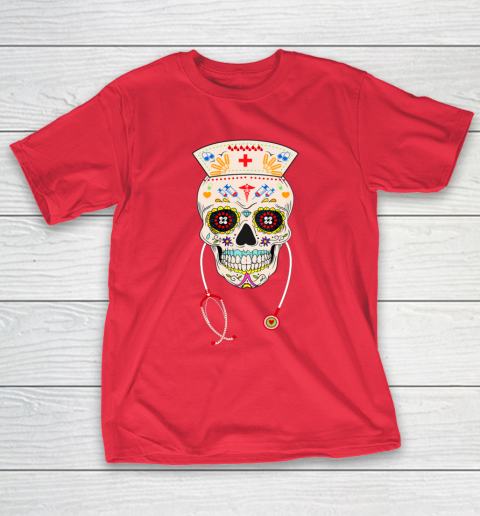 Nurse Sugar Skull Shirt Halloween Day Of The Dead Dia De Los T-Shirt 9