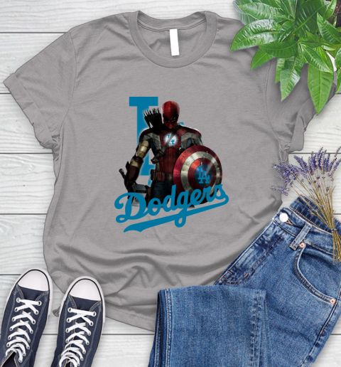 MLB Captain America Thor Spider Man Hawkeye Avengers Endgame Baseball Los Angeles Dodgers Women's T-Shirt 5