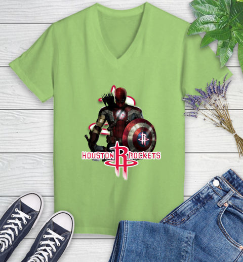 Houston Rockets NBA Basketball Captain America Thor Spider Man Hawkeye Avengers Women's V-Neck T-Shirt 11