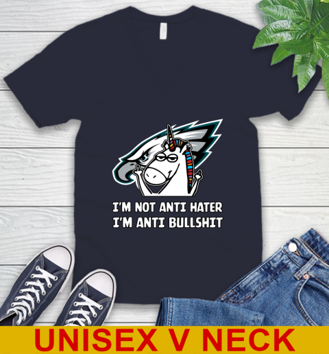 Philadelphia Eagles NFL Football Unicorn I'm Not Anti Hater I'm Anti Bullshit V-Neck T-Shirt 3