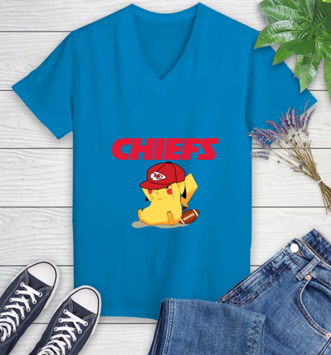 NFL Pikachu Football Sports Kansas City Chiefs Women's V-Neck T-Shirt 7