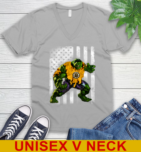 Boston Bruins Hulk Marvel Avengers NHL Hockey American Flag V-Neck T-Shirt 3