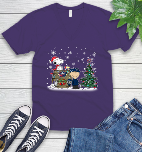 NHL Columbus Blue Jackets Snoopy Charlie Brown Woodstock Christmas Stanley Cup Hockey V-Neck T-Shirt 9
