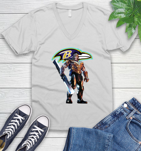 NFL Thanos Gauntlet Avengers Endgame Football Baltimore Ravens V-Neck T-Shirt