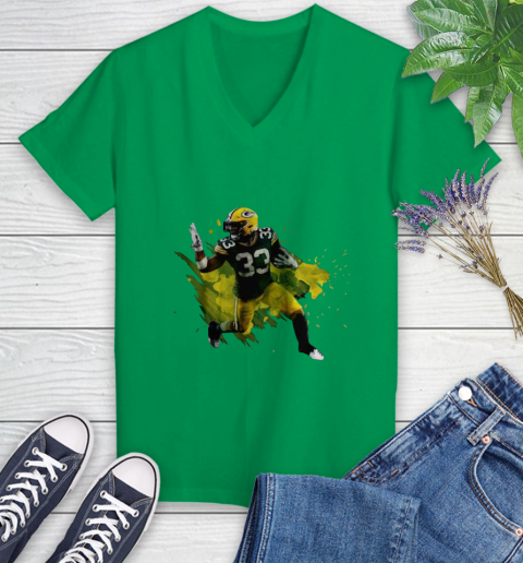 Aaron Jones Running Green Bay Packers Women's V-Neck T-Shirt 5