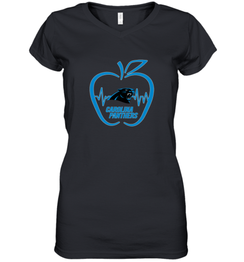 Apple Heartbeat Teacher Symbol Carolina Panthers Women's V-Neck T-Shirt