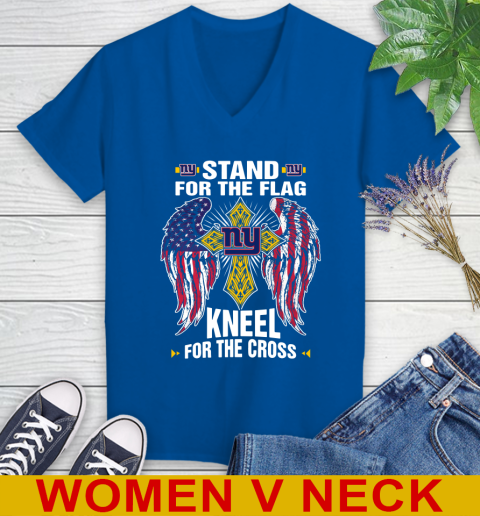 NFL Football New York Giants Stand For Flag Kneel For The Cross Shirt Women's V-Neck T-Shirt 9