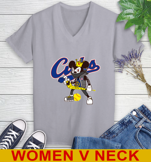 Chicago Cubs MLB Baseball Mickey Peace Sign Sports Women's V-Neck T-Shirt 5
