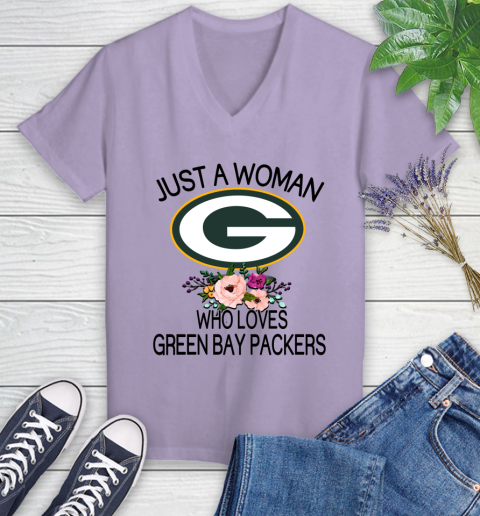 NFL Just A Woman Who Loves Green Bay Packers Football Sports Women's V-Neck T-Shirt 9