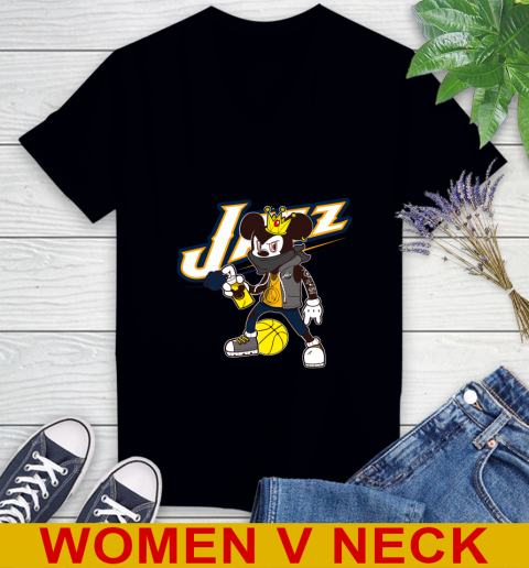 Utah Jazz NBA Basketball Mickey Peace Sign Sports Women's V-Neck T-Shirt 2