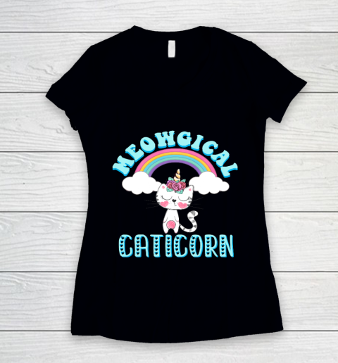 Meowgical Caticorn T Shirt Cat Unicorn Girls Women Kittycorn Women's V-Neck T-Shirt