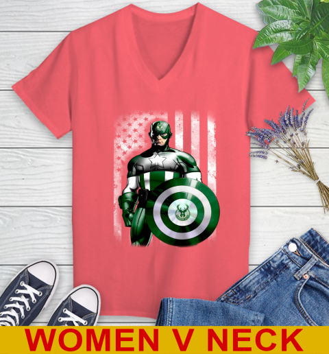 Milwaukee Bucks NBA Basketball Captain America Marvel Avengers American Flag Shirt Women's V-Neck T-Shirt 6