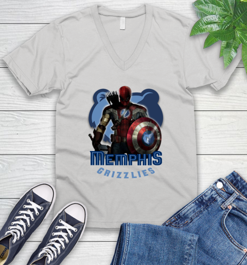 Memphis Grizzlies NBA Basketball Captain America Thor Spider Man Hawkeye Avengers V-Neck T-Shirt