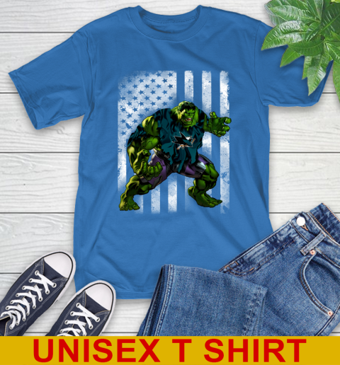 San Jose Sharks Hulk Marvel Avengers NHL Hockey American Flag T-Shirt - Image 12