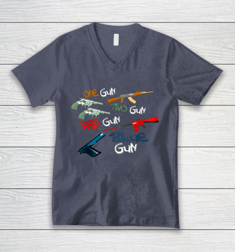 One Gun Two Gun Red Gun Blue Gun Funny V-Neck T-Shirt 7
